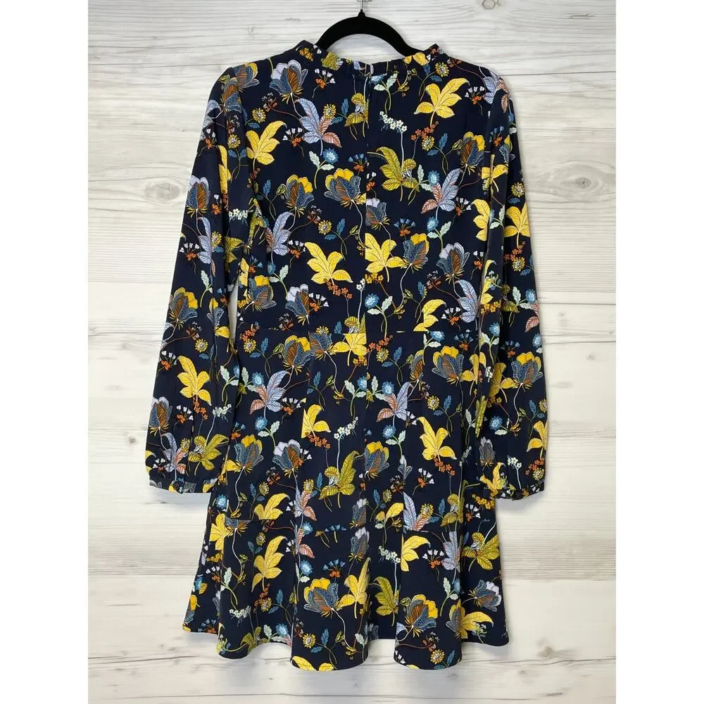 Ann Taylor LOFT Dress 2‎ Womens Blue Floral V Neck Long Sleeve Zip